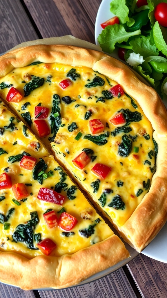 Classic 5-Egg Quiche Recipe A golden quiche filled with vegetables and cheese, sliced into wedges on a wooden table with fresh herbs.